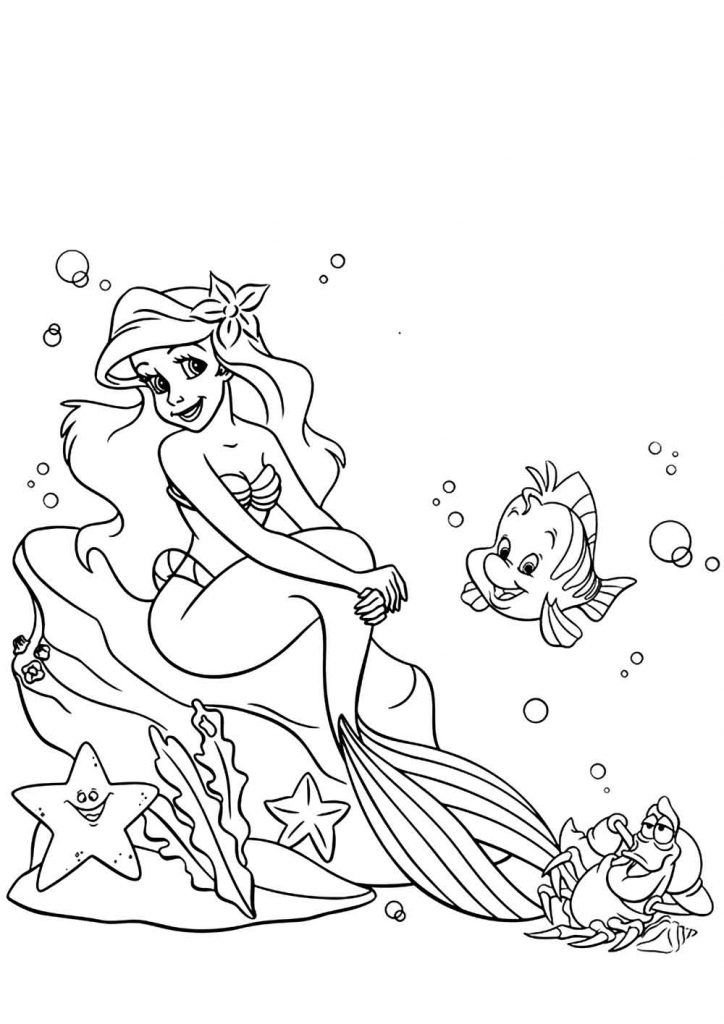 ภาพระบายสีเจ้าหญิงเงือกน้อย อยู่กับปลาและปู - ระบายสีการ์ตูน